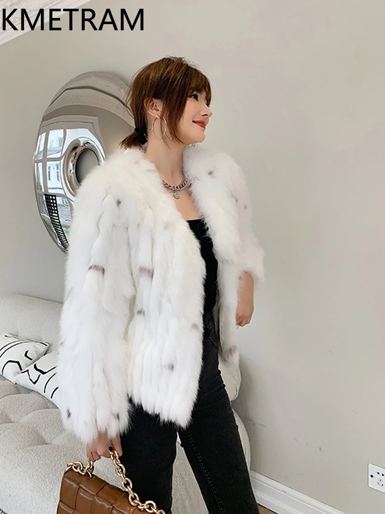 KMETRAM Natural Fox Fur Coat V-Neck Grace Slimming 2025 Leopard Print Short Winter White Women's Clothing куртка зимняя женская