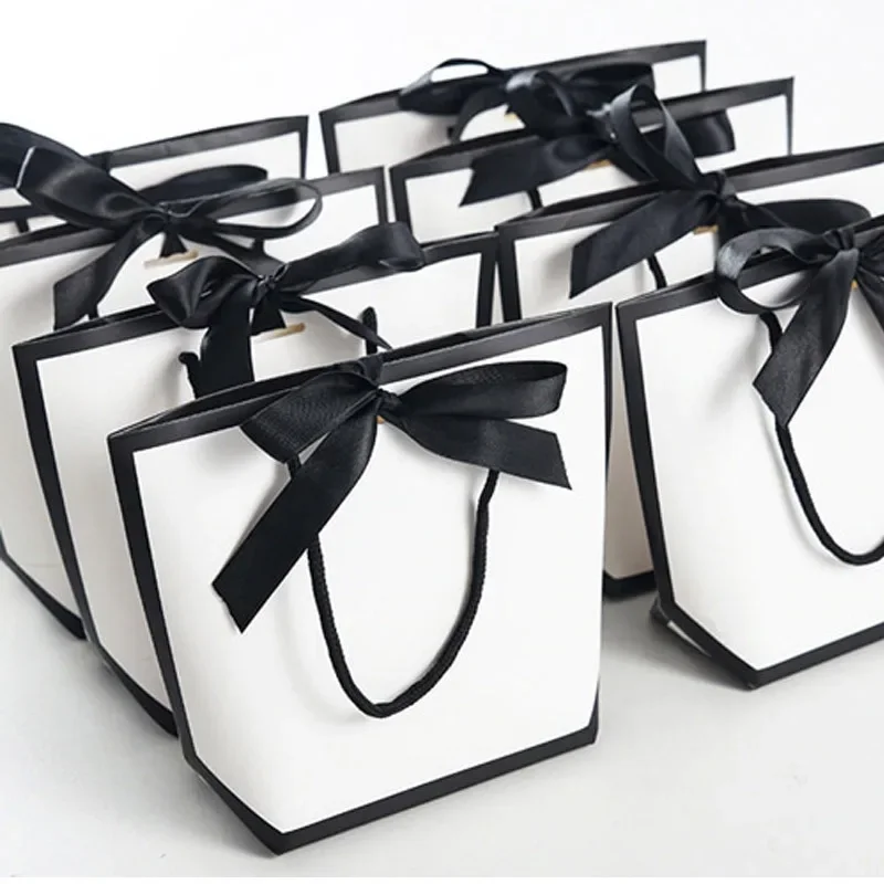 5pcs Ribbon Bow White Pardboard Paper Tote Gift Bags with Handles Shopping Party Wedding Party Birthday Retail Bags