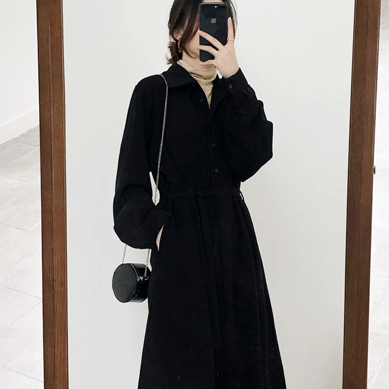

Black Women's Shirts Long Dress Fashion Casual Turn-Down Collar Long Sleeved Maxi Dresses With Belt Vestidos Para Mujer Платье