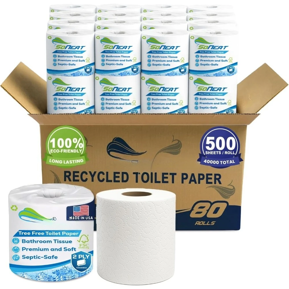 

2-Ply Toilet Paper Bulk 80 Rolls Septic Safe 40000 Sheets Recycled Fiber Bath Tissue