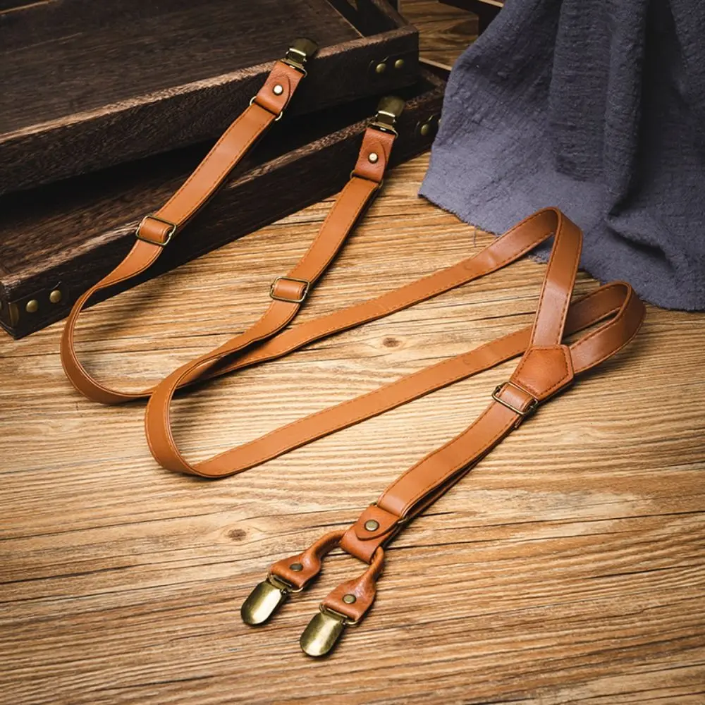 Simple Black Suspenders for Men Retro Brown Leather Suspenders Metal Clip Anti-slip Suspender Clip Men