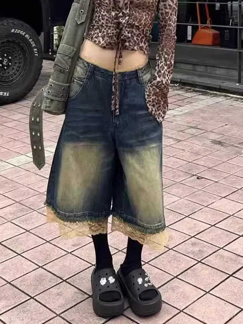 

Ретро-джинсы женские летние с кружевными вставками, широкие, с высокой талией, в стиле «спайси», длиной до щиколотки