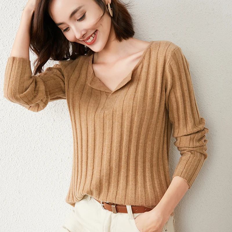 Autumn/Winter Women's New Cold proof Pullover Casual 100% Wool Knitted Y-Neck Solid Sweater Soft and Breathable Blouse