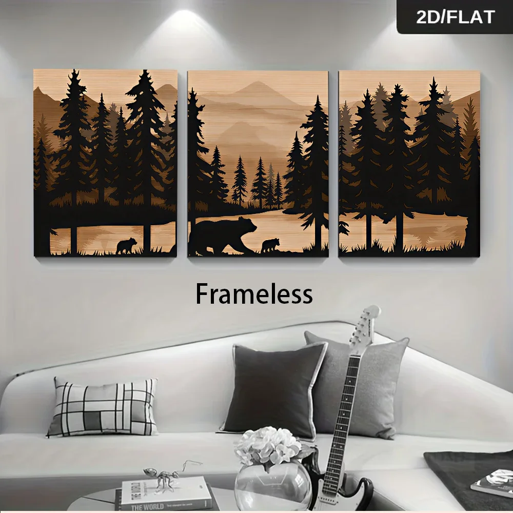 Multiple sizes 3pc frameless Canvas Painting three frameless decorative paintings, modern minimalist forest bear pattern wall ha