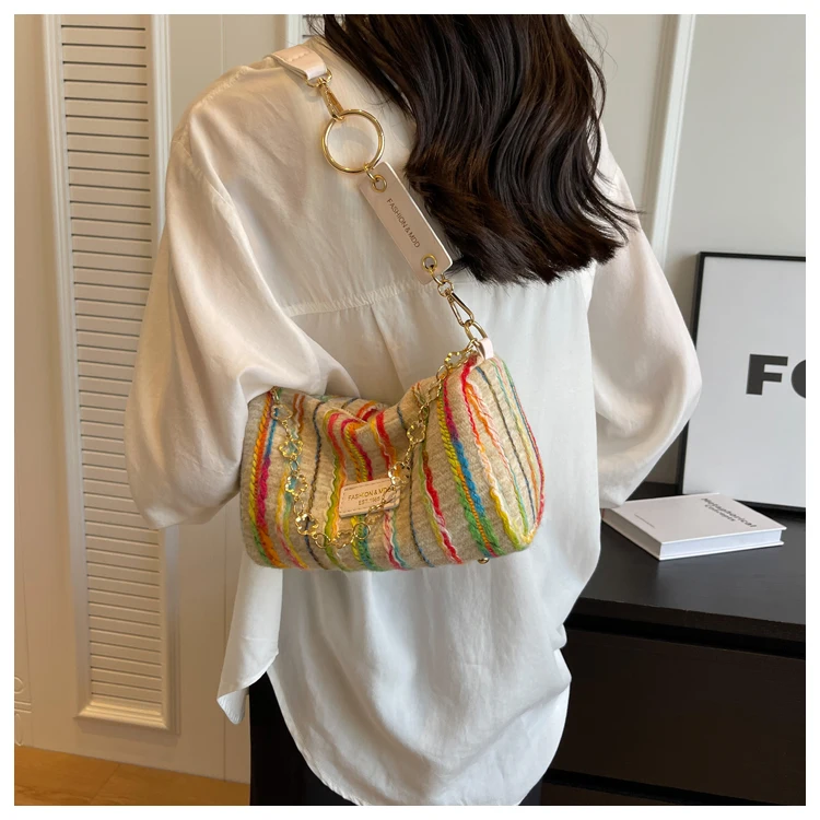 Bolsos cruzados a rayas coloridas para mujer, bolsos de mensajero con cadenas de tela suave, Mini paquetes cuadrados casuales con cremallera, moda