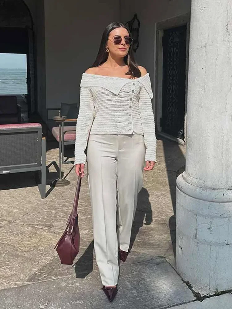 Women Elegant Solid Diagonal Collar Buttons Knitted Sweater Casual Long Sleeve Warm Pullover 2024 Autumn Lady Street Knitwear 