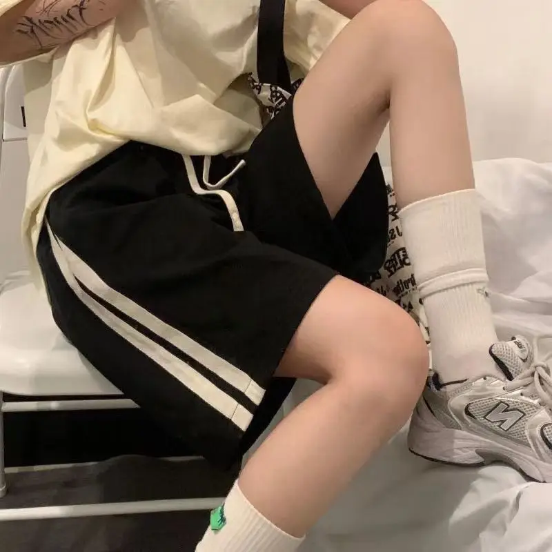 

Американские спортивные шорты женские летние с высокой талией модные винтажные полосатые по бокам минималистичные повседневные прямые уличные брюки Ulzzang