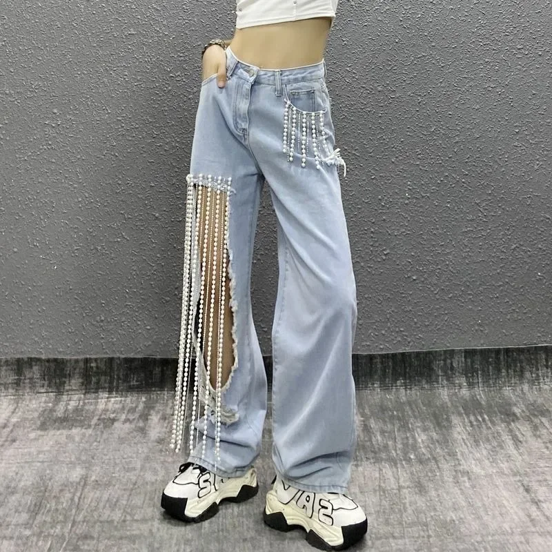 

Summer Women Diamonds Beaded Chain Tassels Holes Jeans High Waist Straight Wide Legs Pearls Beading Fringed Denim Pants Trousers