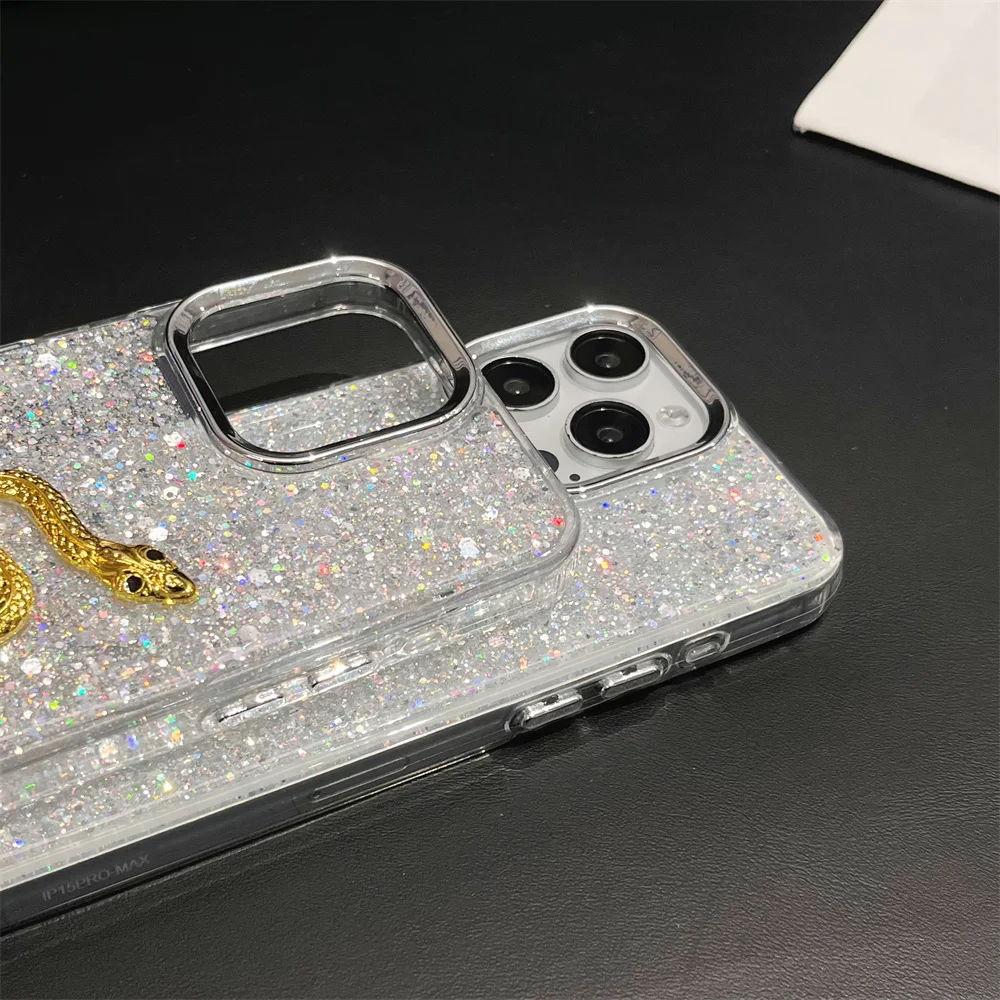 Luxury Electroplate 3D Gold Snake Case For iPhone 16 15 14 13 12 11 Pro Max 15 16 Plus 7 8Plus X XS Max Glitter Bling Back Cover