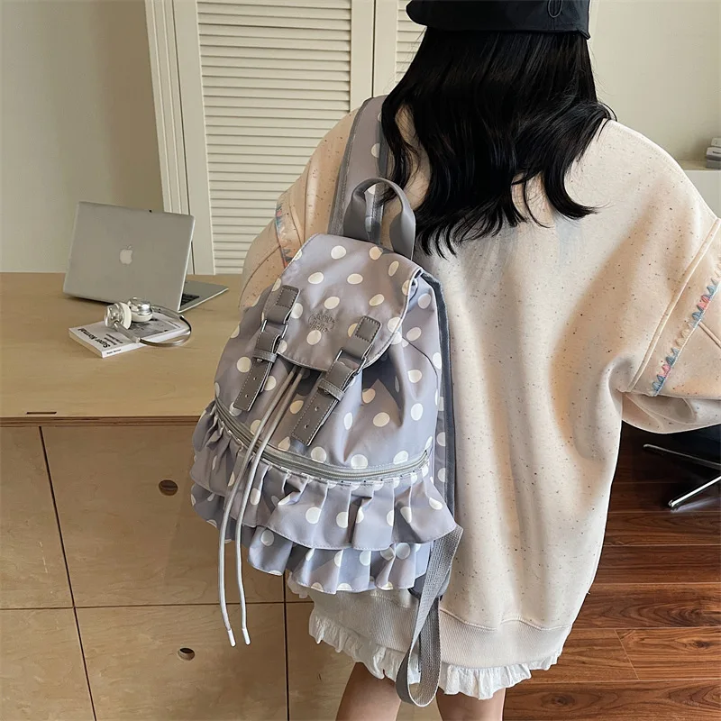 Three Colors Polka Dot Ruffled Ruched Backpack Soft Nylon Drawstring Design Girls Shopping Travel Storage Small Bag