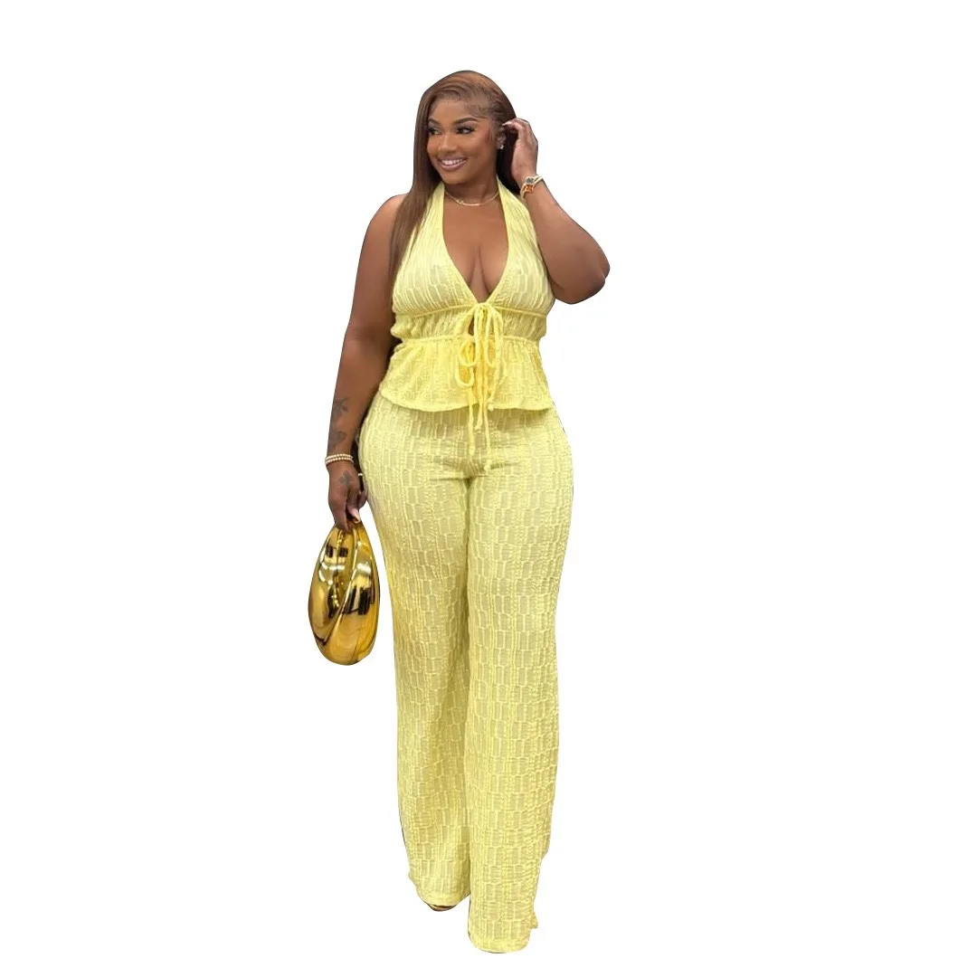 Stylish Lady Textured Jacquard Two Piece Set Women Halter Deep V Neck Drawstring Waist Top High Waist Flare Pants Casual Outfit