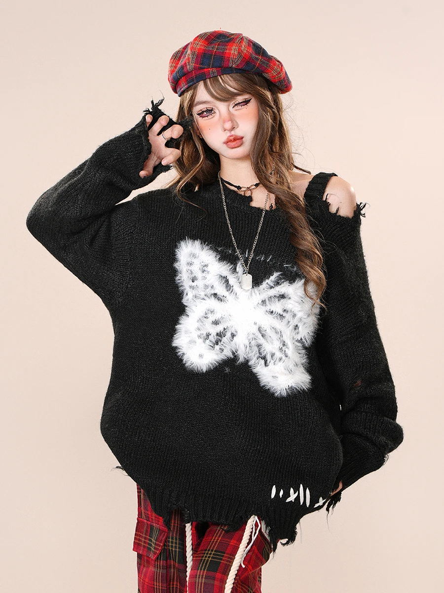 REDDACHiC Off Shoulder Ripped Sweater Women Torn Tassels Asymmetric Long Sleeves Fuzzy Butterfly Knit Jumper Top Vintage Clothes