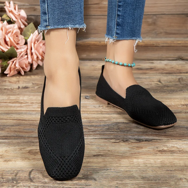 Spring Autumn Casual Shoes for Women Slip-on Pump Knit Single Flat Shoes Breathable Round Toe Ladies Cloth Loafers Large Sized