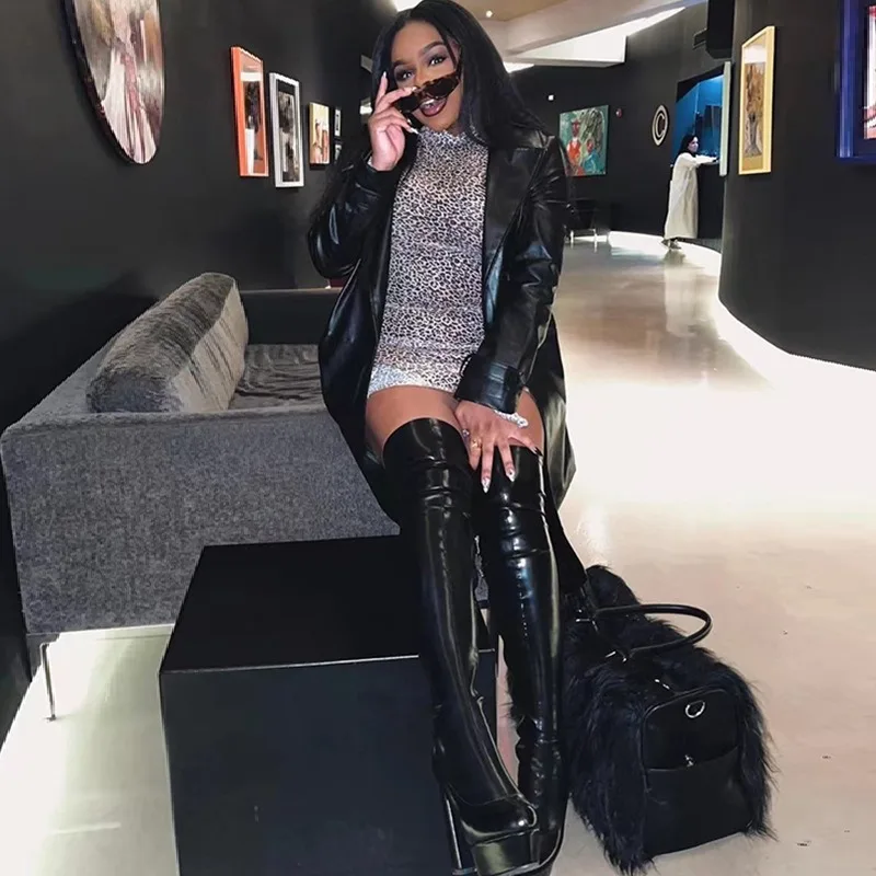 Modne seksowne damskie kozaki za kolano na platformie z grubym obcasem, elastyczne, w stylu europejskim i amerykańskim, kolekcja wiosna-jesień 2025.