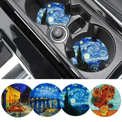 2pcs Van Gogh Art Starry Sky Car Cup Holder Round Anti-Slip Coasters Sunflower Car Coasters Women's Car Interior Accessories