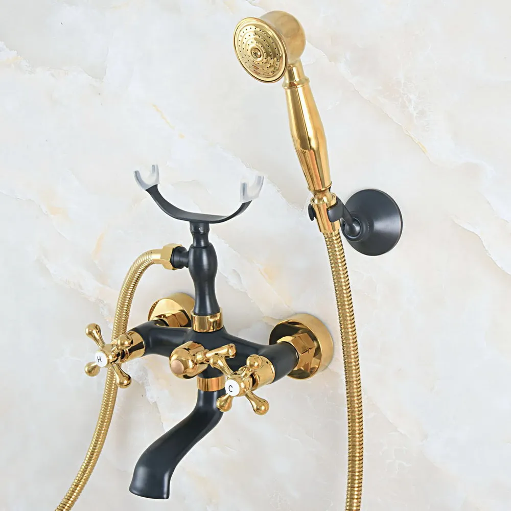 Gold & Black Brass Wall Mount Bathroom Bathtub Faucet Set WITH/ 1500MM Handheld Shower Spray Head Mixer Tap Dna528