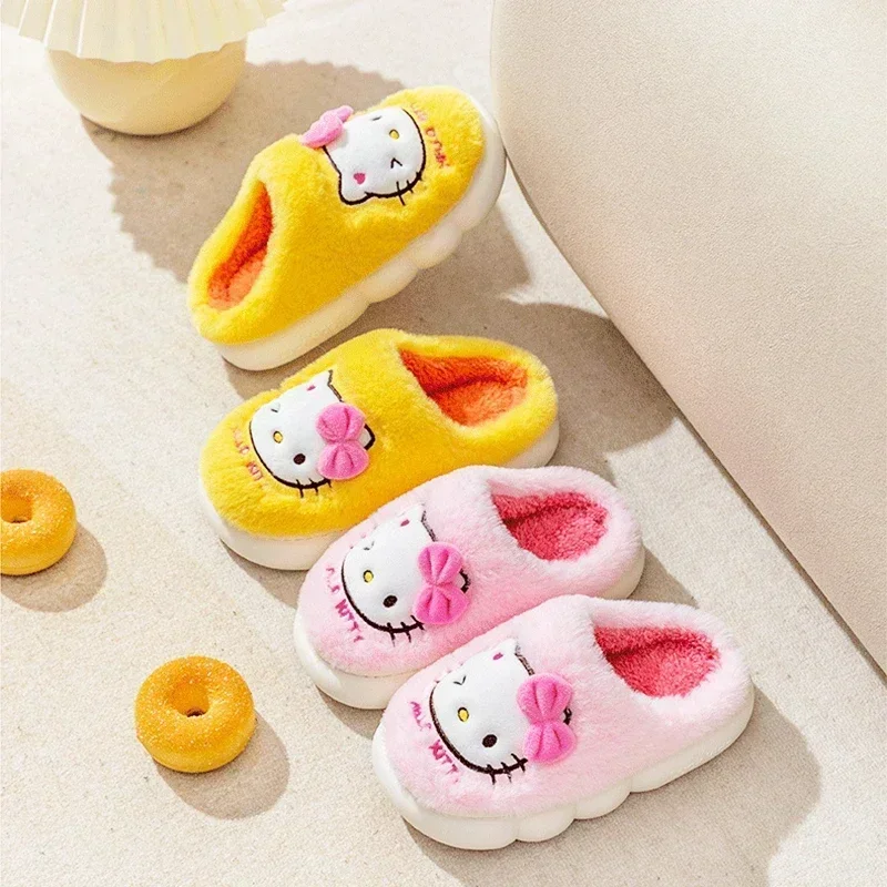 Kawaii Sanrio Hello Kitty Slippers Cute Cartoon Girls and Children Autumn and Winter Y2K Home Non Slip Grip Fluffy Plush Shoes