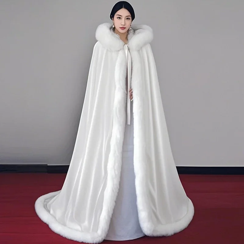 

Hanfu Coat Fur Thickened Fleece Halloween Cape White Hood Shoulder Wrap High End Vintage Modern Dance Costume