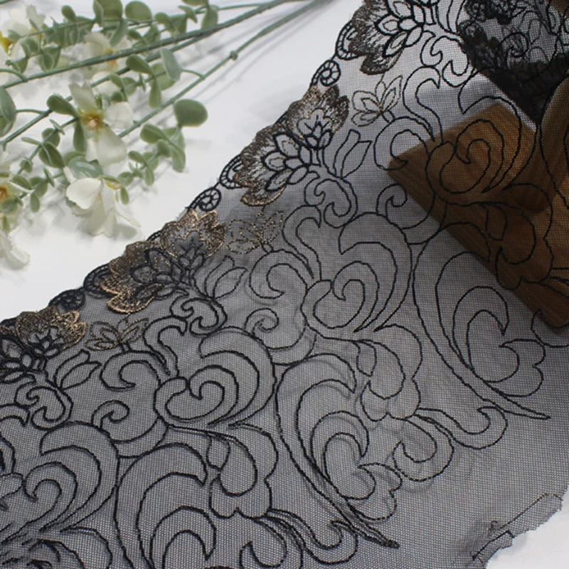 42Yards Flower Mesh Embroidery Lace 21cm wide Black Embroidered Lace Trim Polyester Nylon Lace For Lingerie