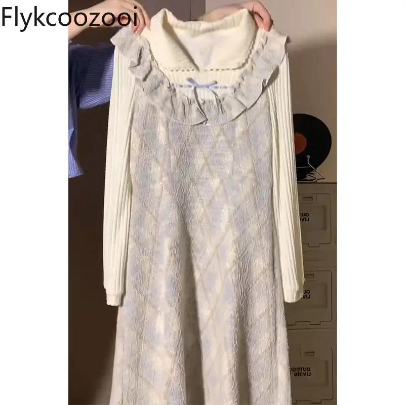 New Sweet Bow Fungus Plaid V-neck Fake Two-piece Fresh Robe Fashionable Girly and Slouchy Style Fashion Vintage Dress