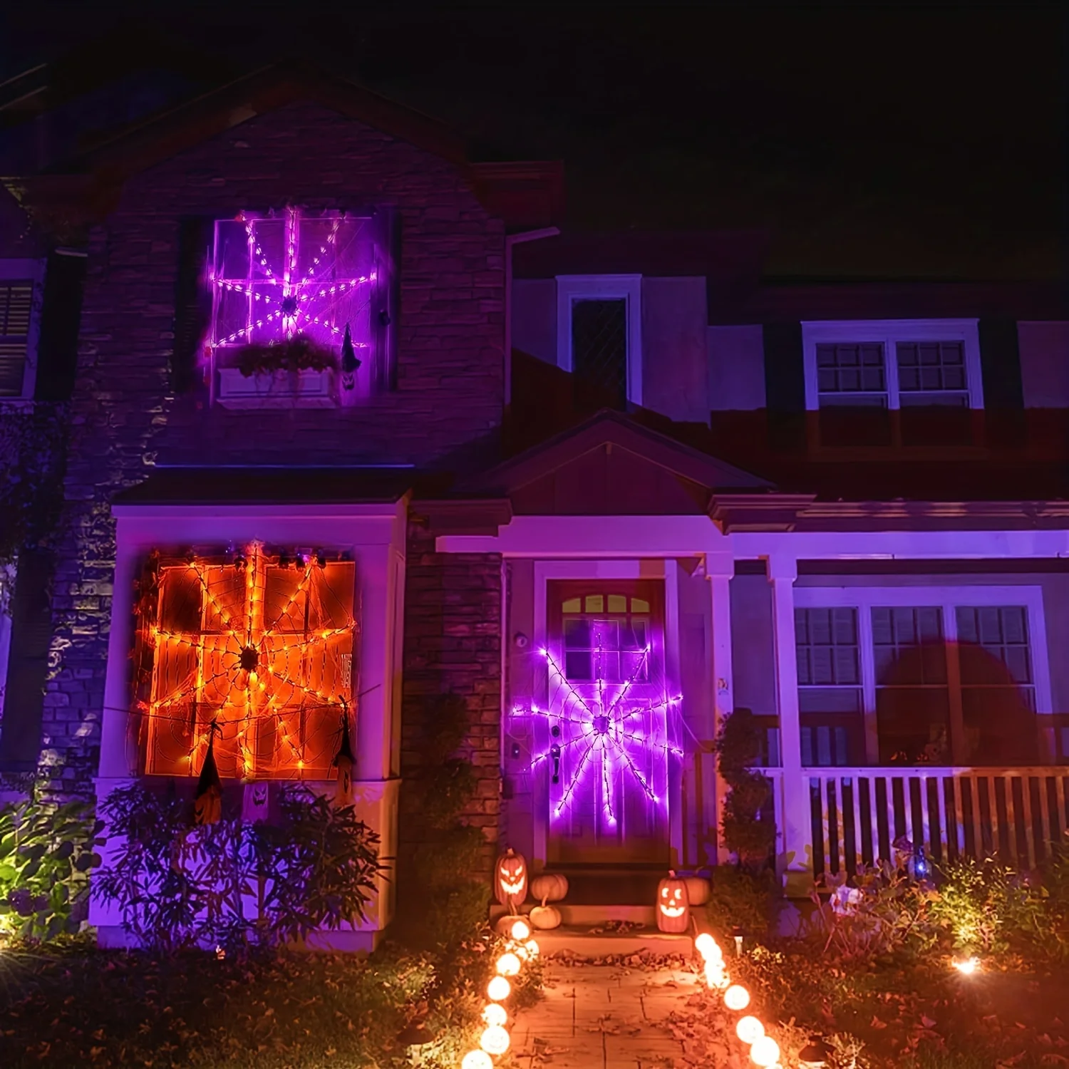 Halloween Spider Web LED String Lights, Orange Glow Spider Net Light with Black Spider for Indoor Outdoor Haunted Party Decor