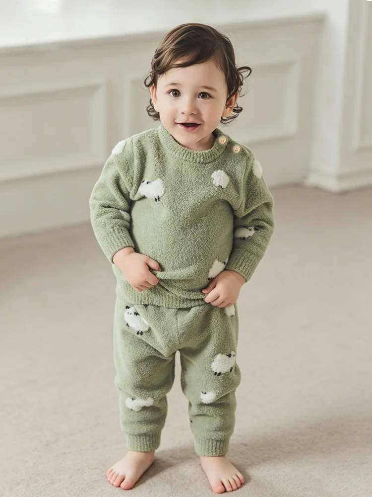 Baby 2Pcs Fleece Outfit Set 0‑3Y Toddler Boys Girls Sheep Pullover Tops + Pants Infant Green Autumn Winter Warm Clothes Suit