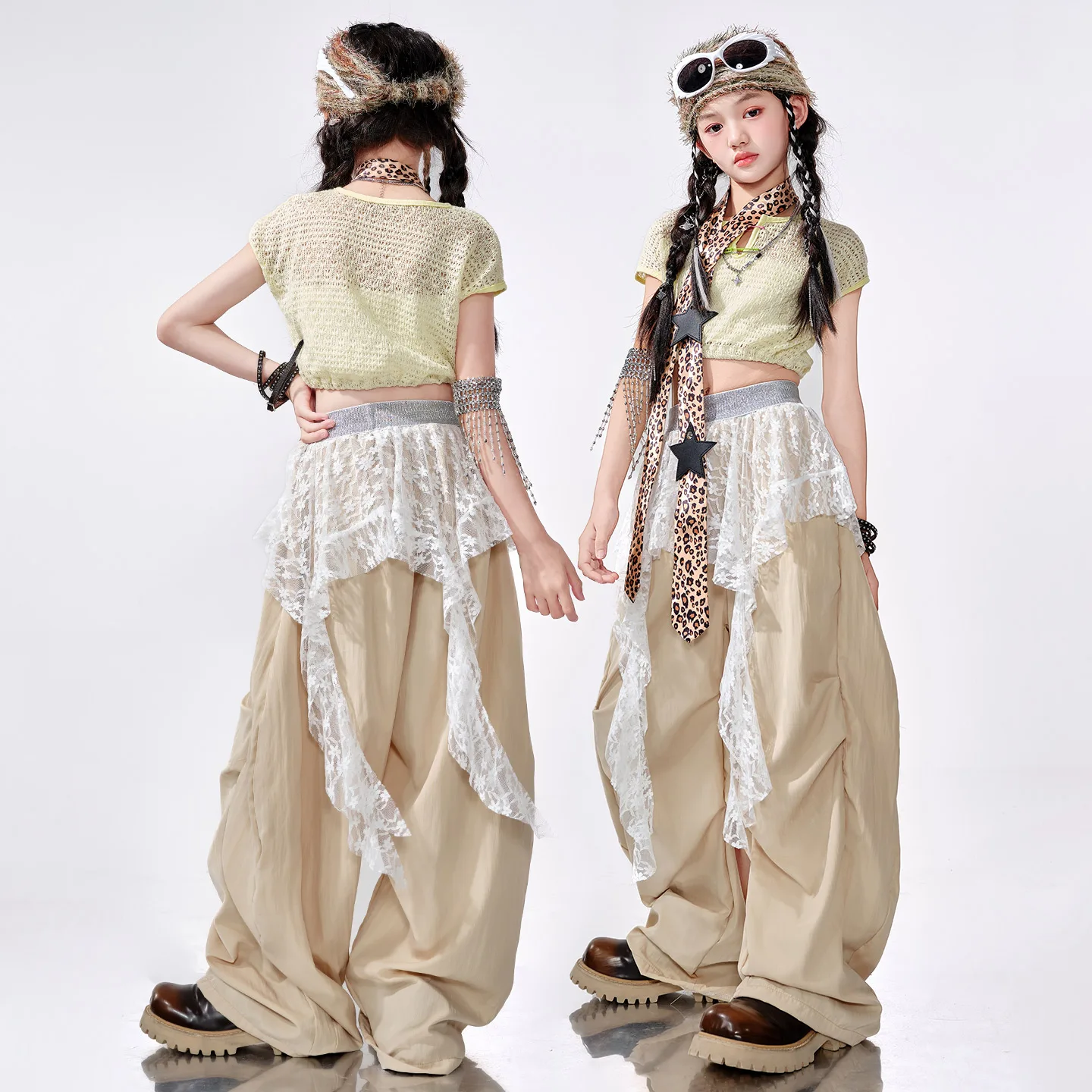 女の子ヒップホップ服クロップメッシュカーゴジョガーパンツキッズK-POPルーズパンツストリートダンス服セット子供ガールズグループコスチューム