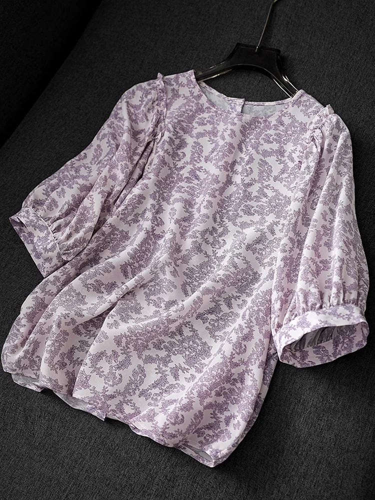 SuyaDream, Women Floral Blouses, 100%Real Silk, Round Collar, Lantern Sleeved T Shirts, 2024 Spring Summer Elegant Top, Purple