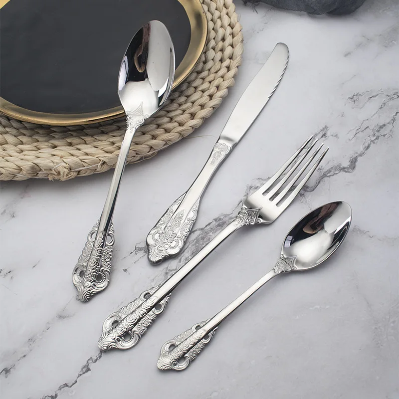 Stainless steel western tableware antique relief flower, bright mirror steak knife fork and spoon dinnerware set cutlery set