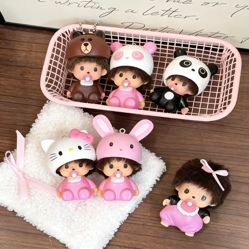 Hello Kitty Monchhichi Vinyl Figure Keychain Cute Anime Keyring Car Bag Pendant Desktop Ornament Wedding Gift for Fans Kids