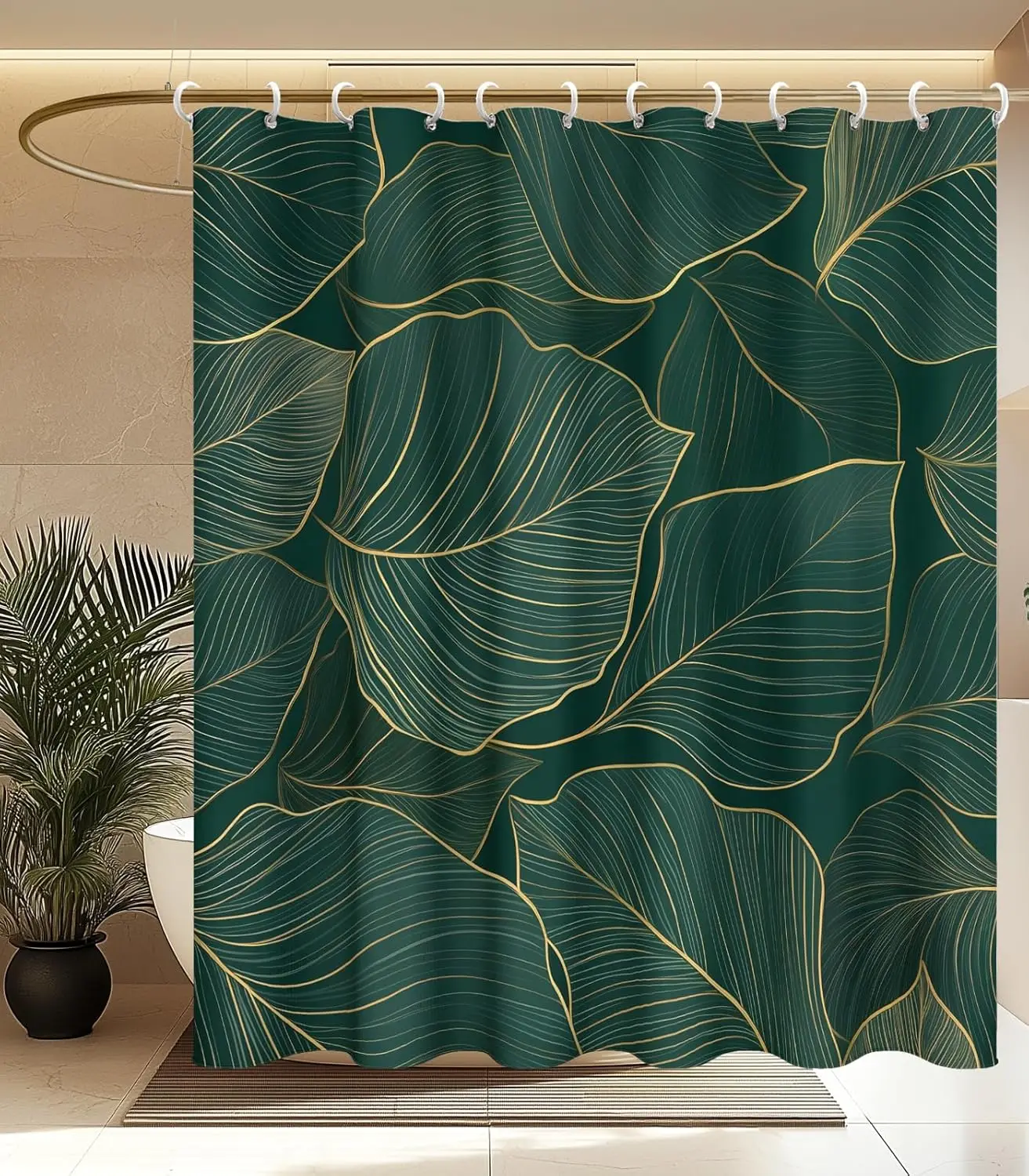 

Luxury Green Leaf Pattern Waterproof PEVA Fabric Shower Curtain with Hooks Gold Line Art Tropical Plant Design Bathroom Decor