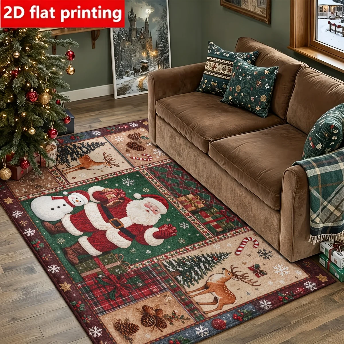 1pc 2D Flat Patchwork Santa Snowman Reindeer Christmas Printed Floor Mat, Decorative Rug for Living Room, Bedroom, Home