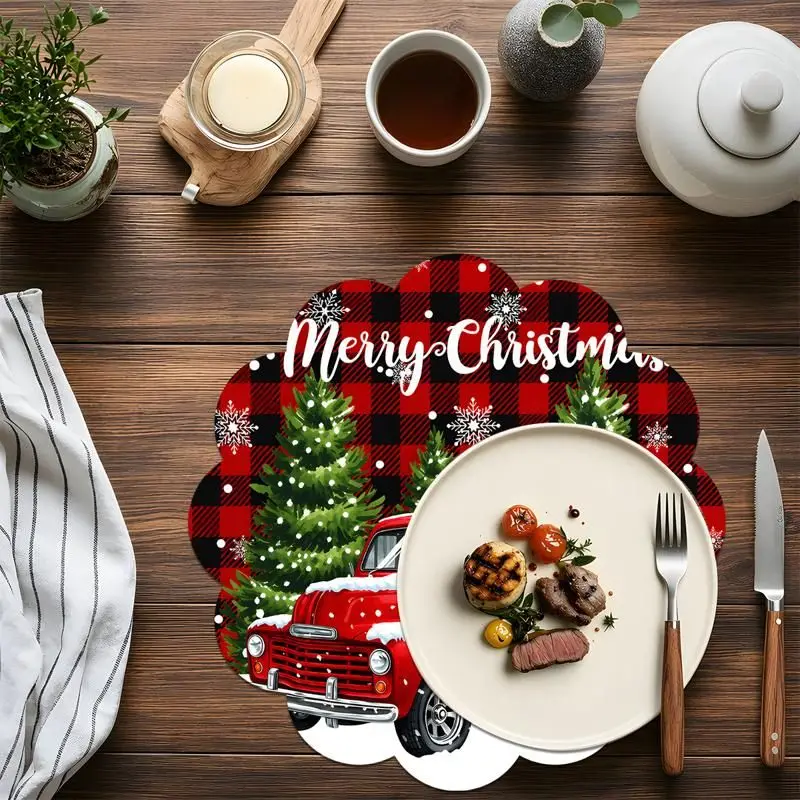VIKAMA Merry Christmas Round Placemat Red Buffalo Plaid Vintage Truck Tree Snowman Xmas Round Table Mat Snowflake Holiday