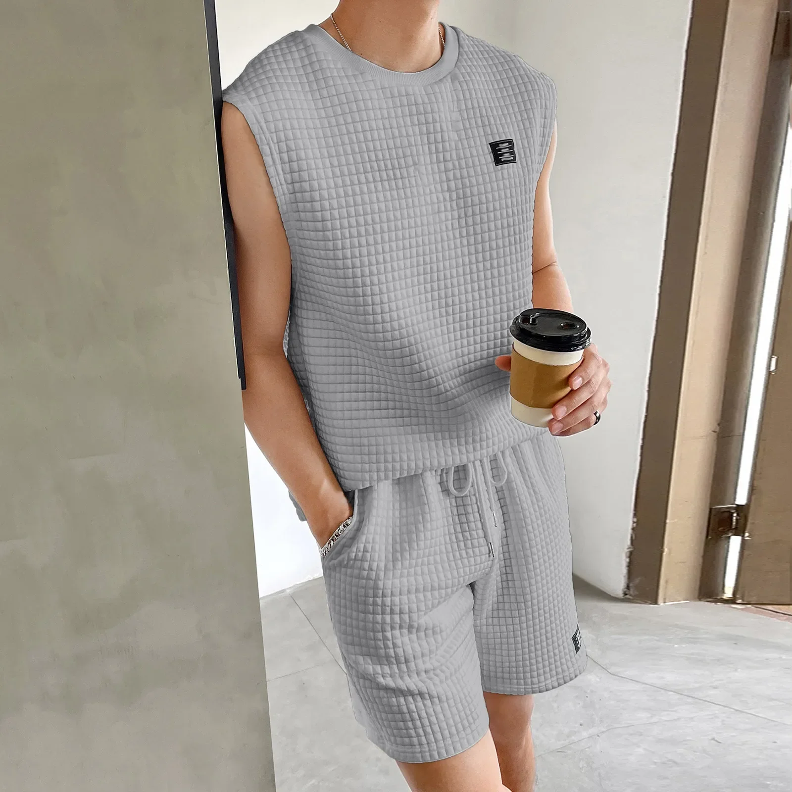 Summer New Suit Men Sleeveless Vest + Shorts Two Pieces Set Casual Sports Suit Male Fashion Trend Solid Color Jacquard Outfits