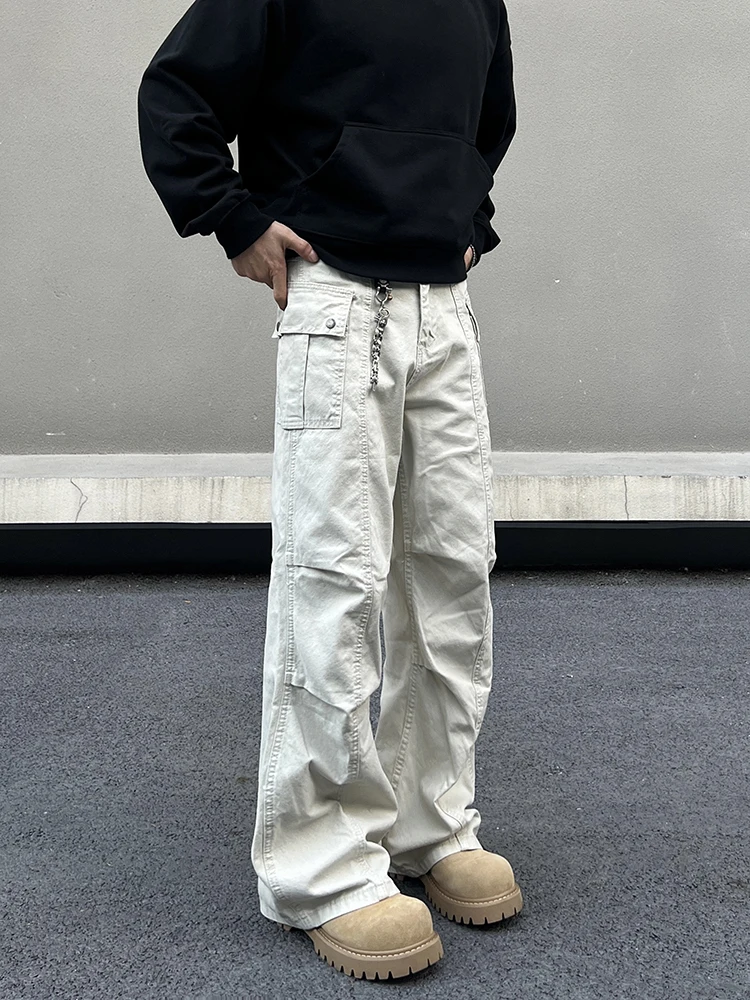 

American Retro Apricot Cleanfit Work Pants Men's Casual Straight Leg Multiple kets Flared Long Pants Spring Autumn Trendy ...