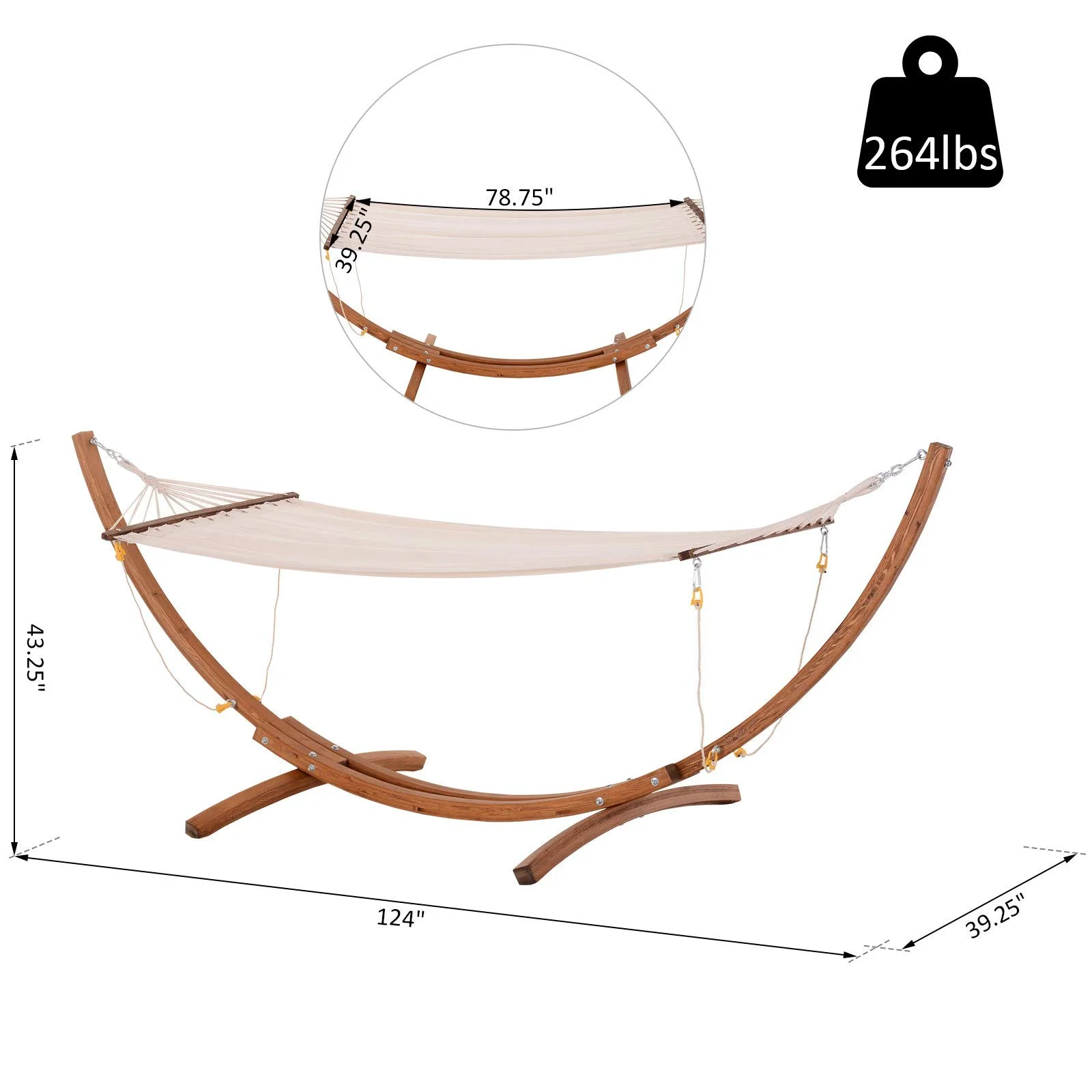 Outdoor Patio cotton fabric Patio Hammock with Curved Wooden Arc Hammock Stand