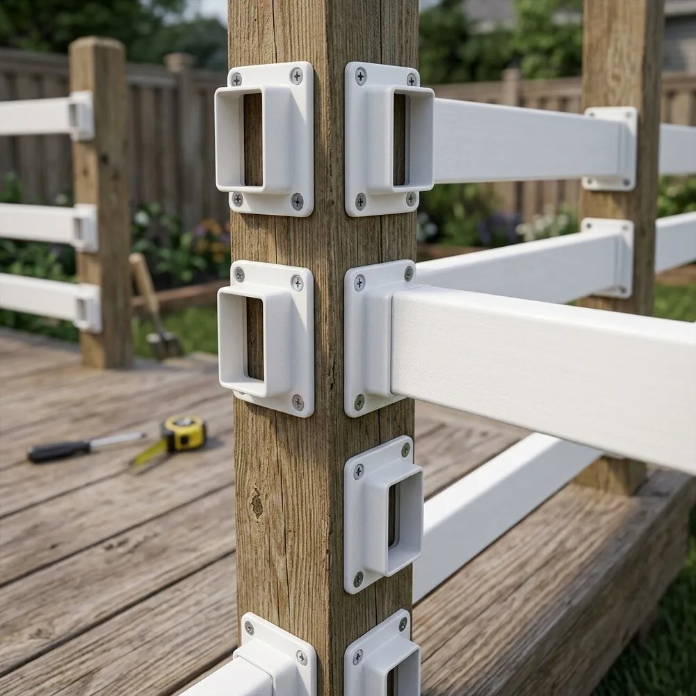 Vinyl Fence Rail Brackets Supporting Load Distribution Horizontal Rails and Vertical Posts in Perimeter Fences