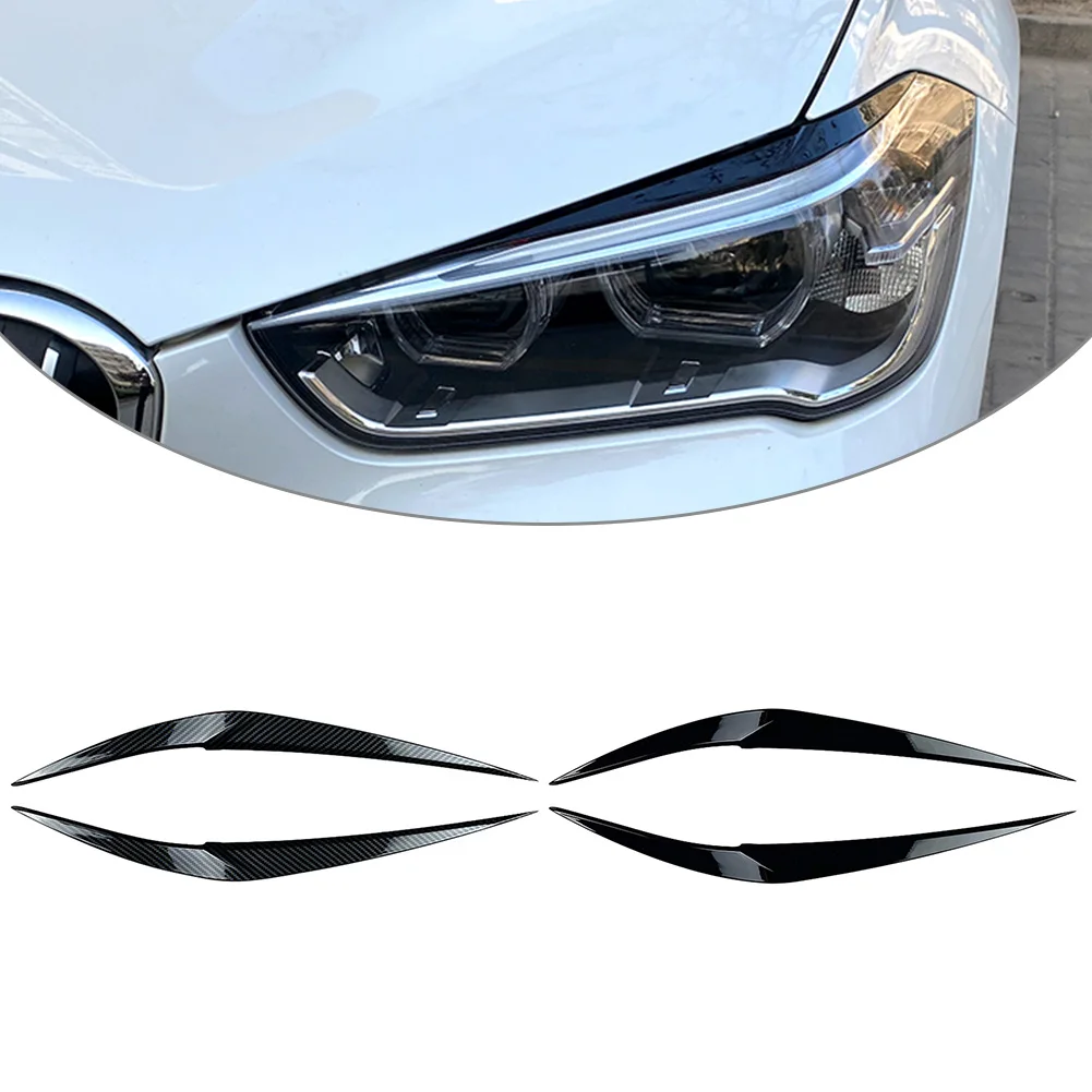 Car Headlight Eyebrow Eyelid Cover Decor Trim For BMW X1 F48 2016 2017 2018 2019 2020 Carbon Fiber/Glossy Black ABS Plastic