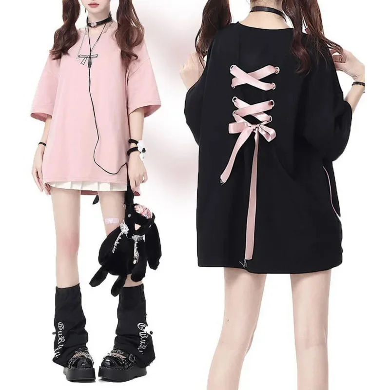 Women Bow Tie Tops&Tees With Pure Cotton Short Sleeved T-shirt For Summer Strap Dopamine Casual Half Sleeved Loose Top Tee New