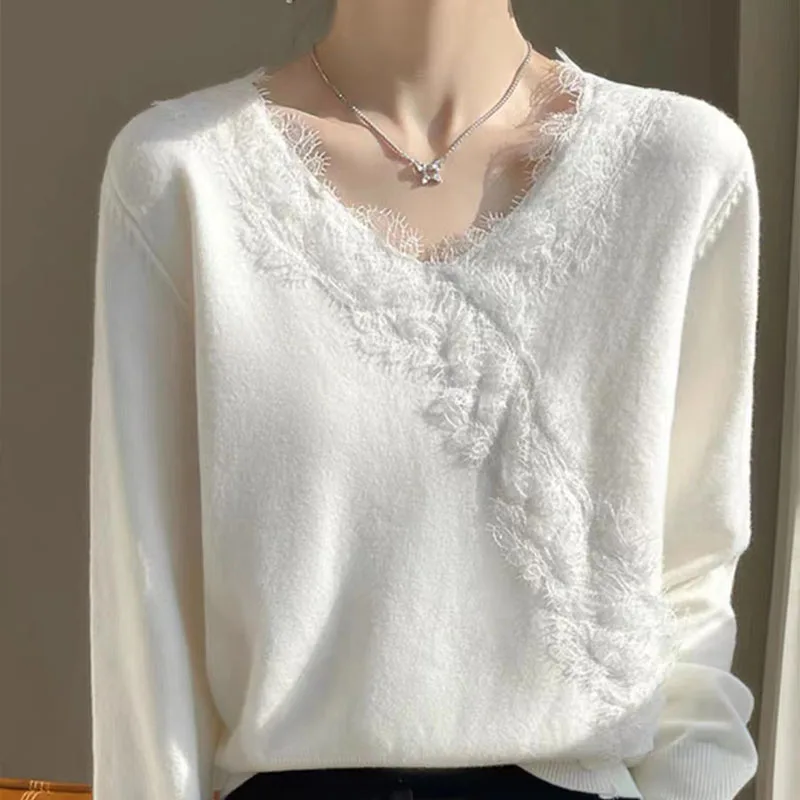 Women's Clothing Fashion Lace V-neck Sweaters Temperament Elegant Knitted Tops Vintage Commute Loose Chic Solid Pullovers