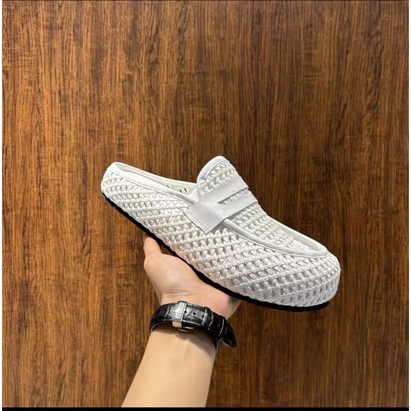 ClaWave Men's Woven Penny Loafer Mules Breathable Hollow Backless Slip On Summer Casual Slippers Size 39-44