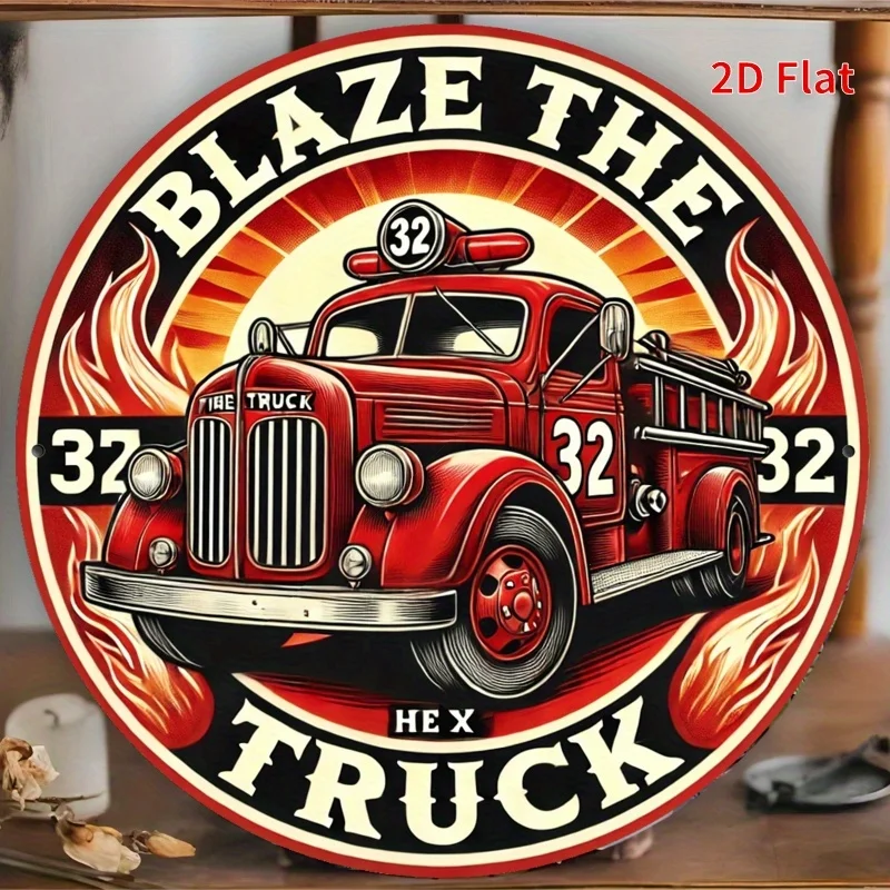 Arte Metálico Plano 2D de 20x20cm - Camión de Bomberos Vintage con Diseño de "BLAZE THE TRUCK", Homenaje al Espíritu de los Bomberos Rojos, Ideal
