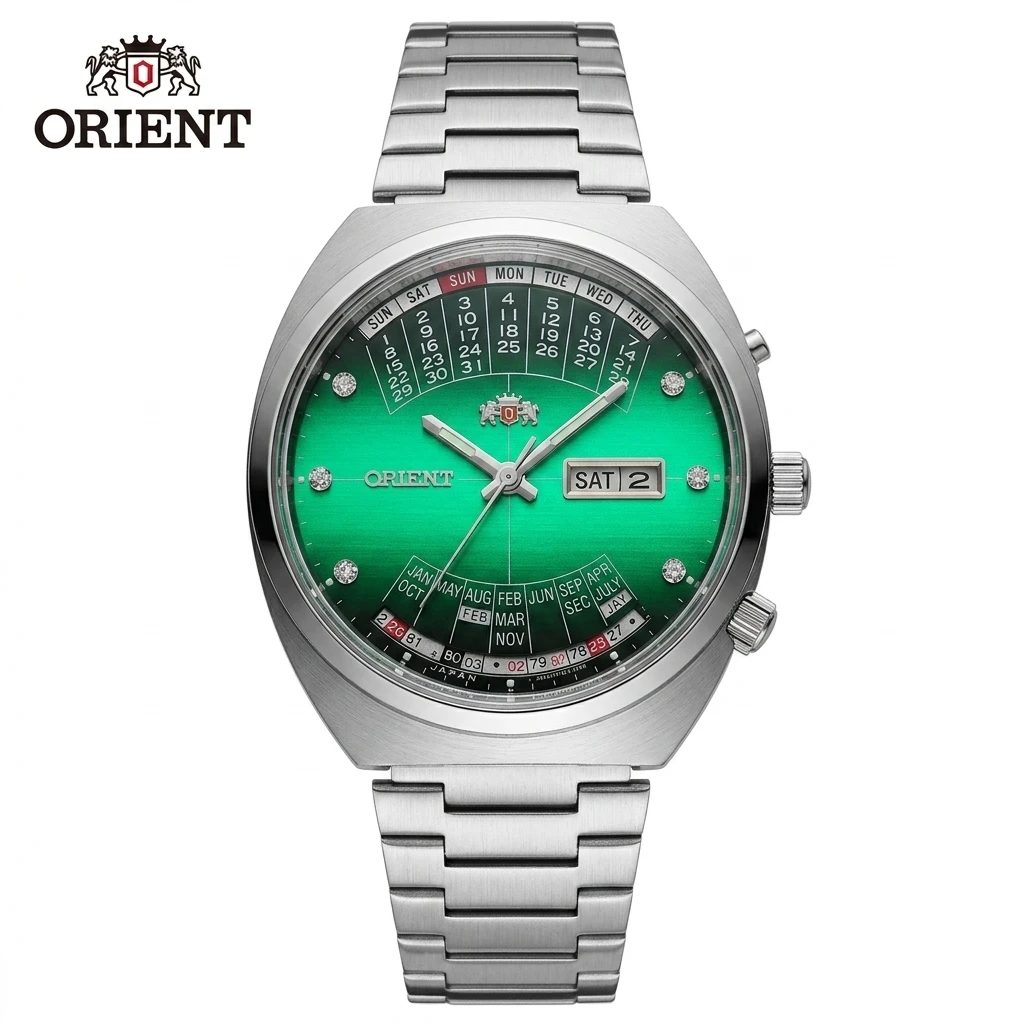 Orient Men Retro Automatic Mechanical Watch, Perpetual Calendar Multi Month Day Date Diamond Index Stainless Steel Wristwatch