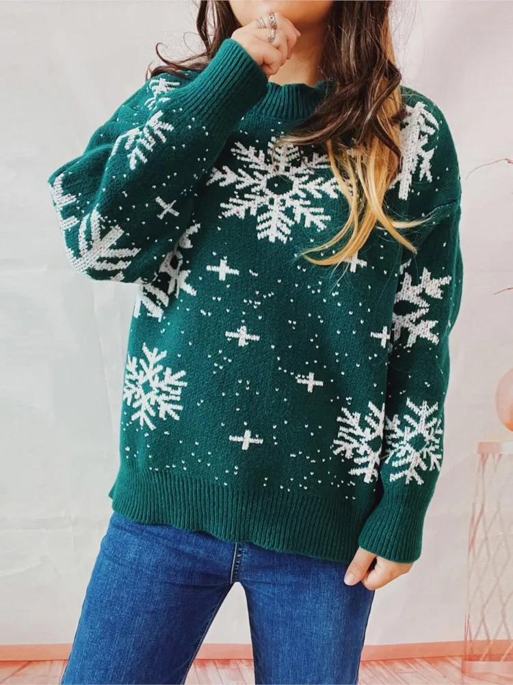 Autunno e inverno nuovo fiocco di neve di Natale girocollo a maniche lunghe pullover lavorato a maglia maglione da pendolarismo elegante e versatile da donna