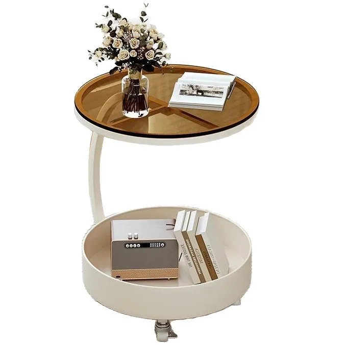 Living Room Sofa Edge Table Light Luxury Corner Cabinet Small  Simple Iron Snack Shelf Double Layered Movable Trolley