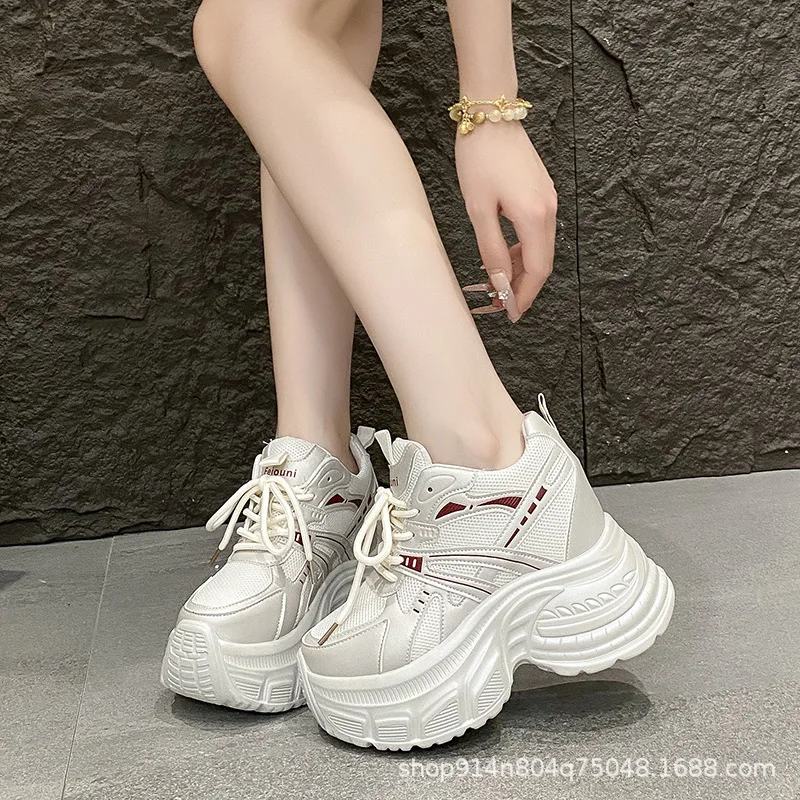 HKDQ Women's Sneakers Round Toe High Heel Platform Mesh-Look Upper Lace-Up Casual Fashion Daily Walking Trendy Footwear
