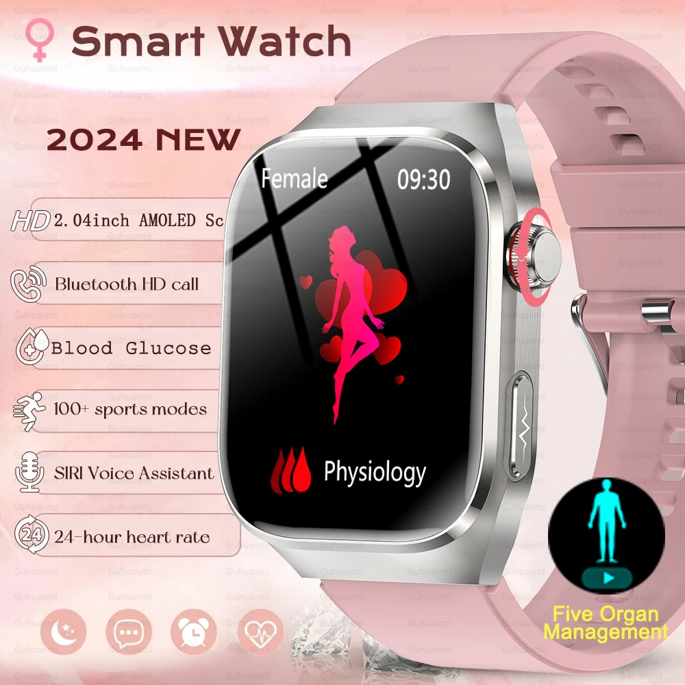 Smartwatch de saúde médica feminina, exame físico, gordura de açúcar no sangue, frequência cardíaca, ácido úrico, AMOLED Bluetooth Call, Smartwatch