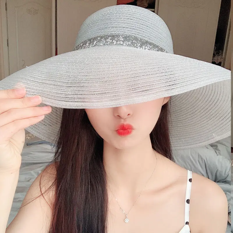 Sun Hat  Large brim silver breathable sunshade hat women versatile sunscreen summer vacation beach hat sun Protection Cap