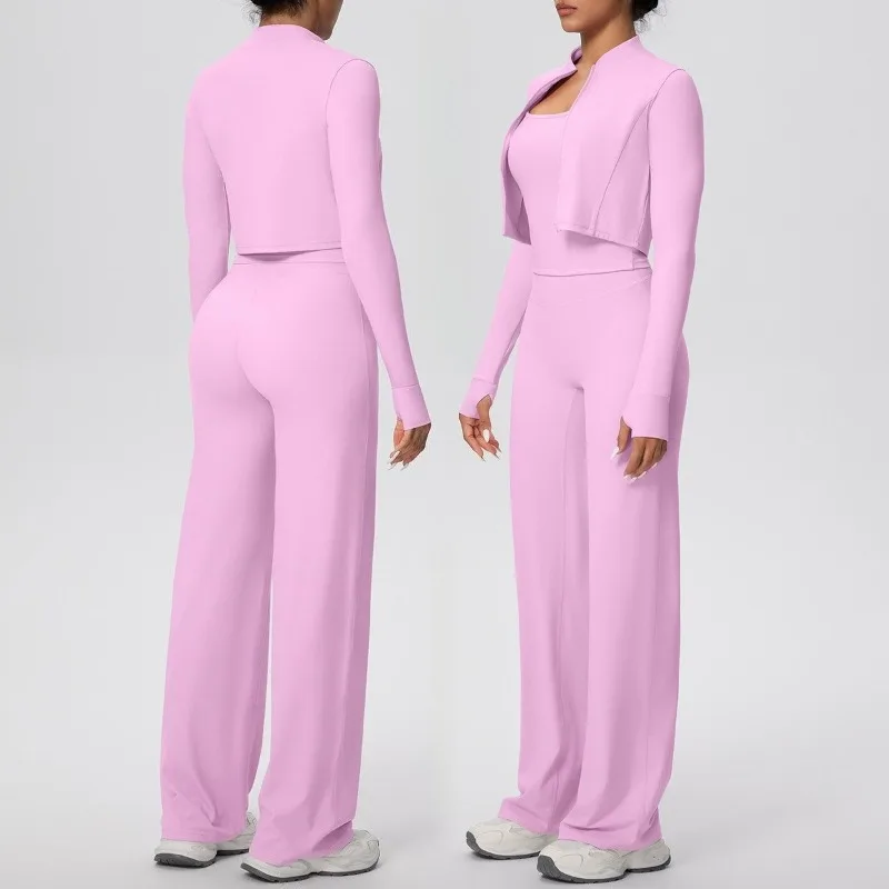 Set da yoga spazzolato da donna tinta unita gilet a forma di I ad asciugatura rapida gamba larga set sportivo in tre pezzi set da corsa fitness