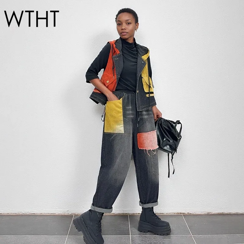 

WTHT модный женский старый лоскутный джинсовый жилет с капюшоном, бандажный эластичный пояс, свободные шаровары, женские 1LS2621